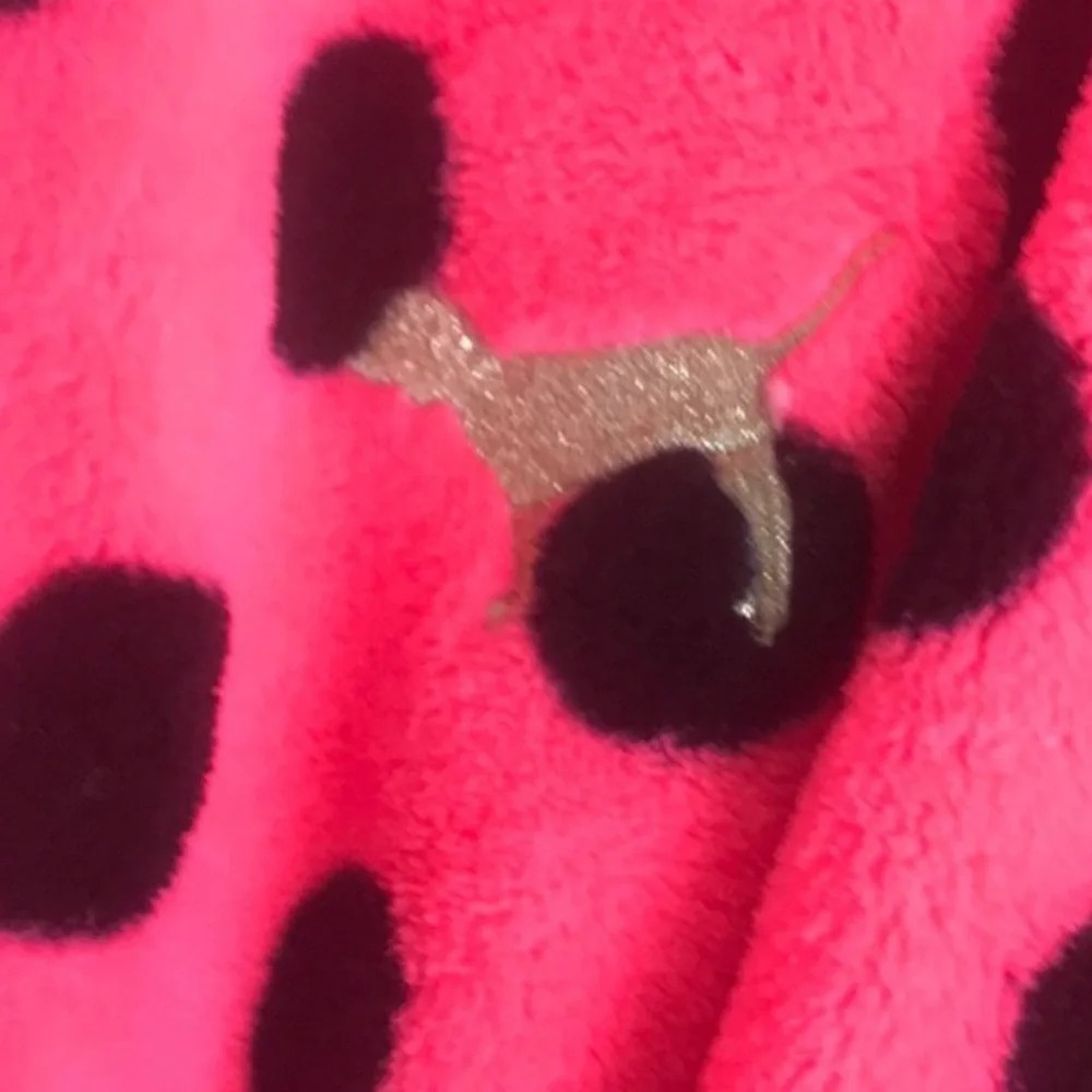 Victoria secret pink robe polka dot neon pink black gold dog emblem fuzzy fleece - Picture 2 of 3